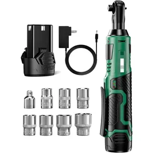 Cordless Electric Ratchet Wrench Set, 40Ft-lbs, 400RPM, 12V Cordless Ratchet Wrench 3/8" w/ 60-Min Charger, 7Sockets, 1/4" Adapter, Forward/Reverse Switch, 2.0Ah Battery, Variable Speed Trigger