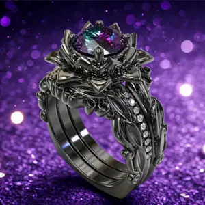 Set of 3 Black Gothic Engagement Rings with Multi-Color Crystal Stones and Flower Design, Daily, Party Jewelry for a Striking and Graceful Look, Perfect as Jewelry Gifts for Women