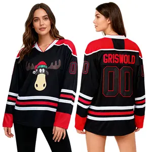 Unisex Hockey Jersey, Griswold #00 Christmas Moose Embroidered V-Neck, Long Sleeve Polyester Streetwear, Moisture-Wicking Loose Fit, S-3XL Plus Size