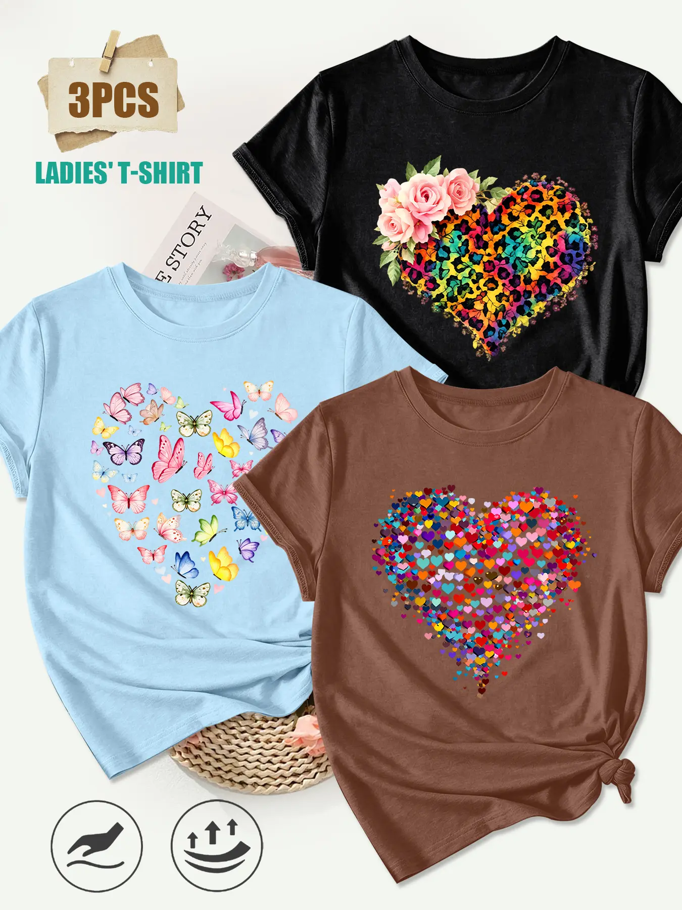 Women's 3-Pack Crew Neck T-Shirts, Floral Rainbow Leopard Heart, Butterfly Heart & Colorful Hearts Print, Multiple Colors Available, Machine Washable, Spring & Summer Top, Soft Skin-Friendly Fabric, Daily Versatile, Fashion Design