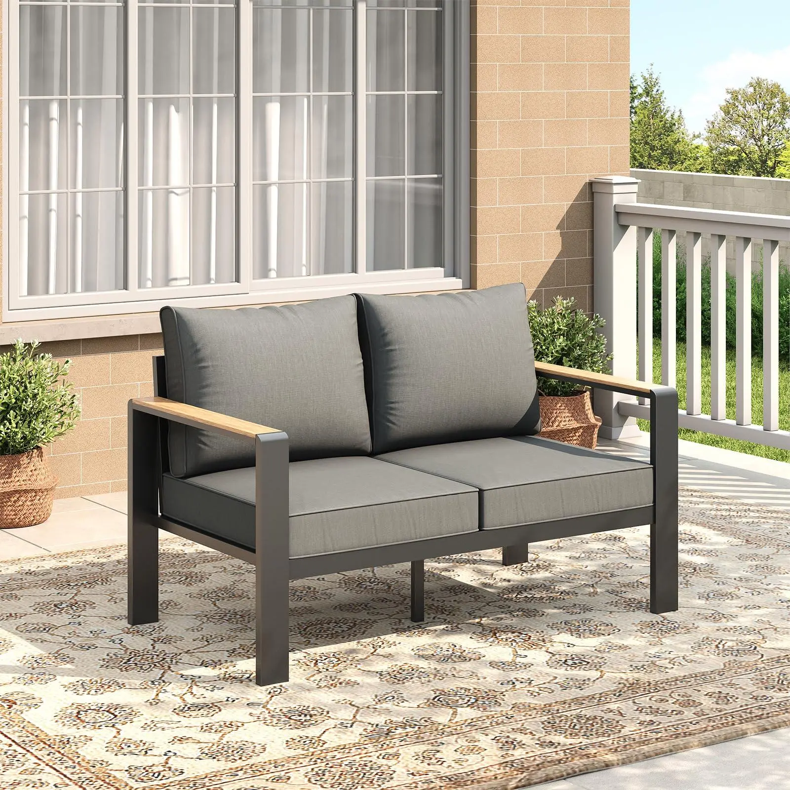 Outdoor Aluminum Loveseat Patio Sofa, All-Weather Outdoor Couch with Cushions Modern Outdoor 2 Seats Sofa for Porch, Garden, Balcony, Deck, Backyard, Dark Gray