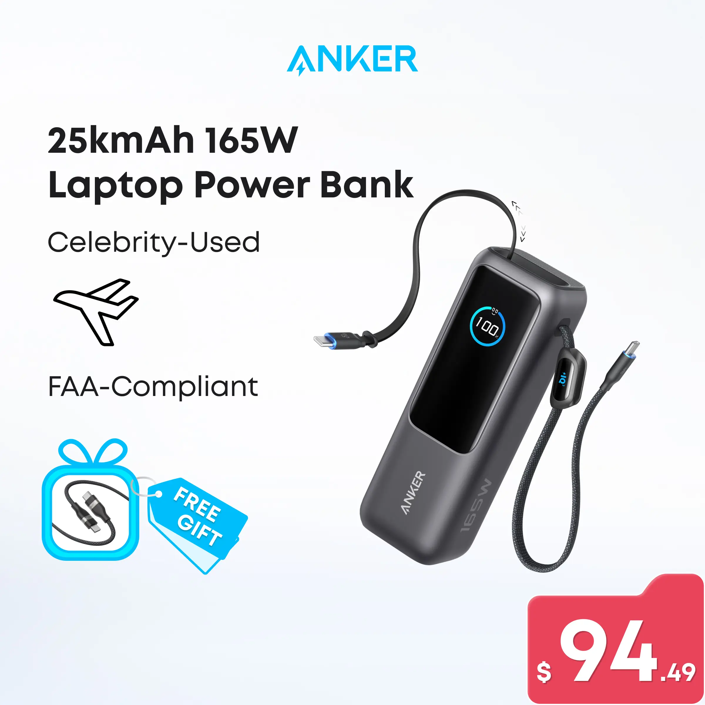 Anker Portable Laptop Power Bank with Built-In Cables, 25,000mAh High-Capacity Battery, Fast Charging for 4 Devices, Ideal for Office and Trips, Compa