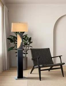 Half Moon Floor Lamp with Nightlight - Dark Brown, Etruscan Gold Linen Shade