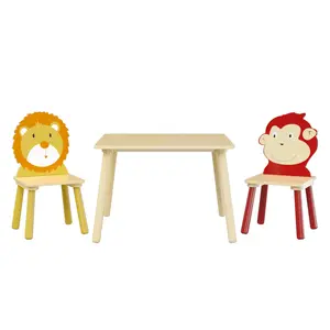 DOMISO Kids Table and 2 Chairs Set, 3 Pieces Toddler Table and Chair Set, Wooden Activity Play Table Set, Children's Furnitures(Lion&Monkey)