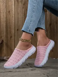 Women's Platform Mule Sneakers Backless Slip On Walking Shoes Breathable Fly Woven Fabric Non Slip Outdoor Casual Shoes