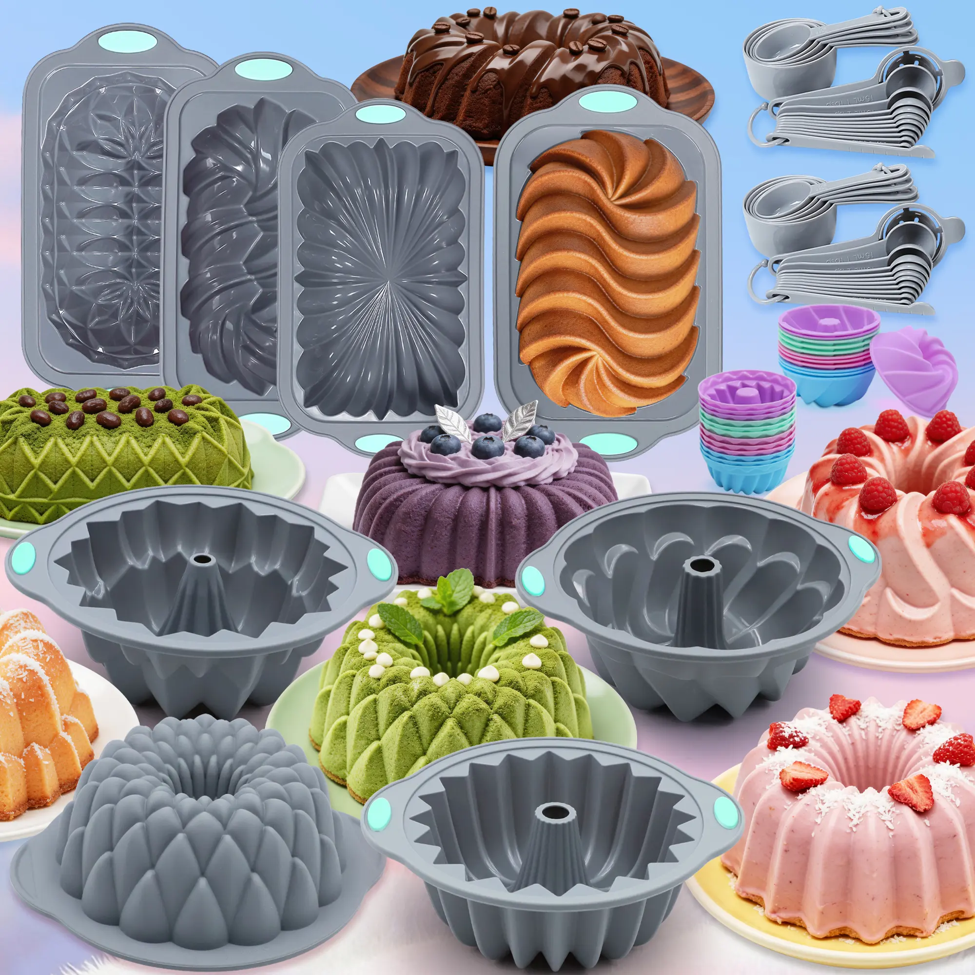 66/45/21 Pieces,Silicone Cake Pan, Nonstick Silicone Cake Molds, Food Grade Silicone Bakeware for Jello, Cake, Pound Cake, Gelatin, Brownie and Bread, There's also a 45-piece toast set that can be used to make toast, bread, and Halloween gifts., Birthday,