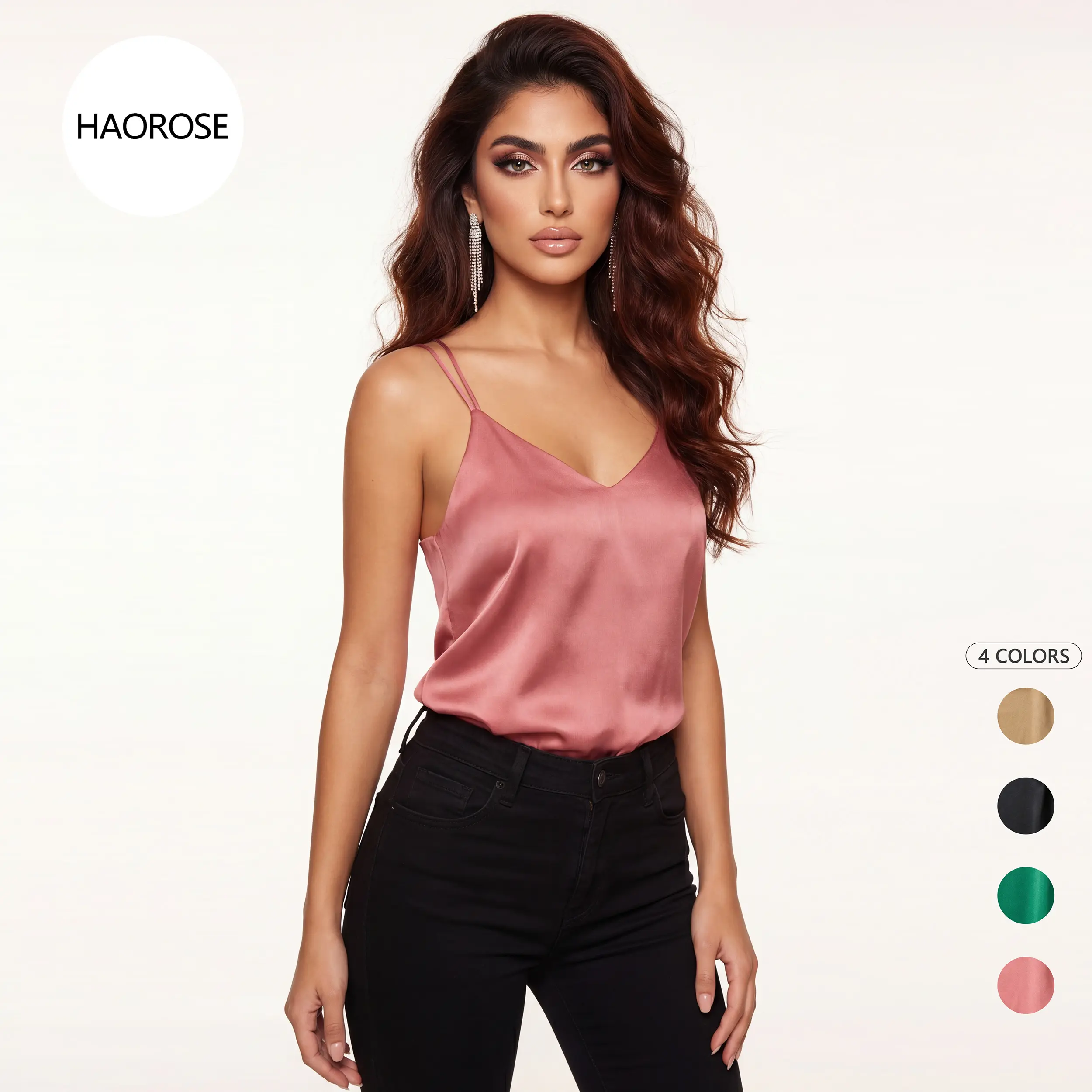 Womenswear Women's Satin Silk Cami Tank Top - Double Spaghetti Strap, V-Neck, Cross Back, Sleeveless Blouse - Elegant Glossy Dressy Camisole for Party, Daily Wear
