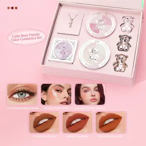 7 Piece Makeup Palette Set Includes Blush Powder Eyeshadow Bear Lipstick Necklace Mirror Gift Bag Card Valentine's Day Essential Beauty Kit Makeup Bundle Box