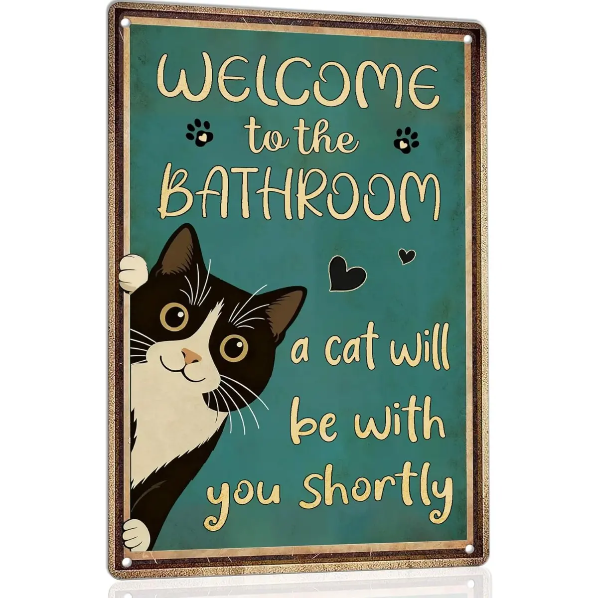 "Welcome to the Bathroom" Vintage Funny Black Cat Metal Sign, 8x12 in Plaque, Adorable Whimsy Decorative Home Signs, Cat Wall Decor for Restroom, Home Decor Gift, Adorable Home Signs