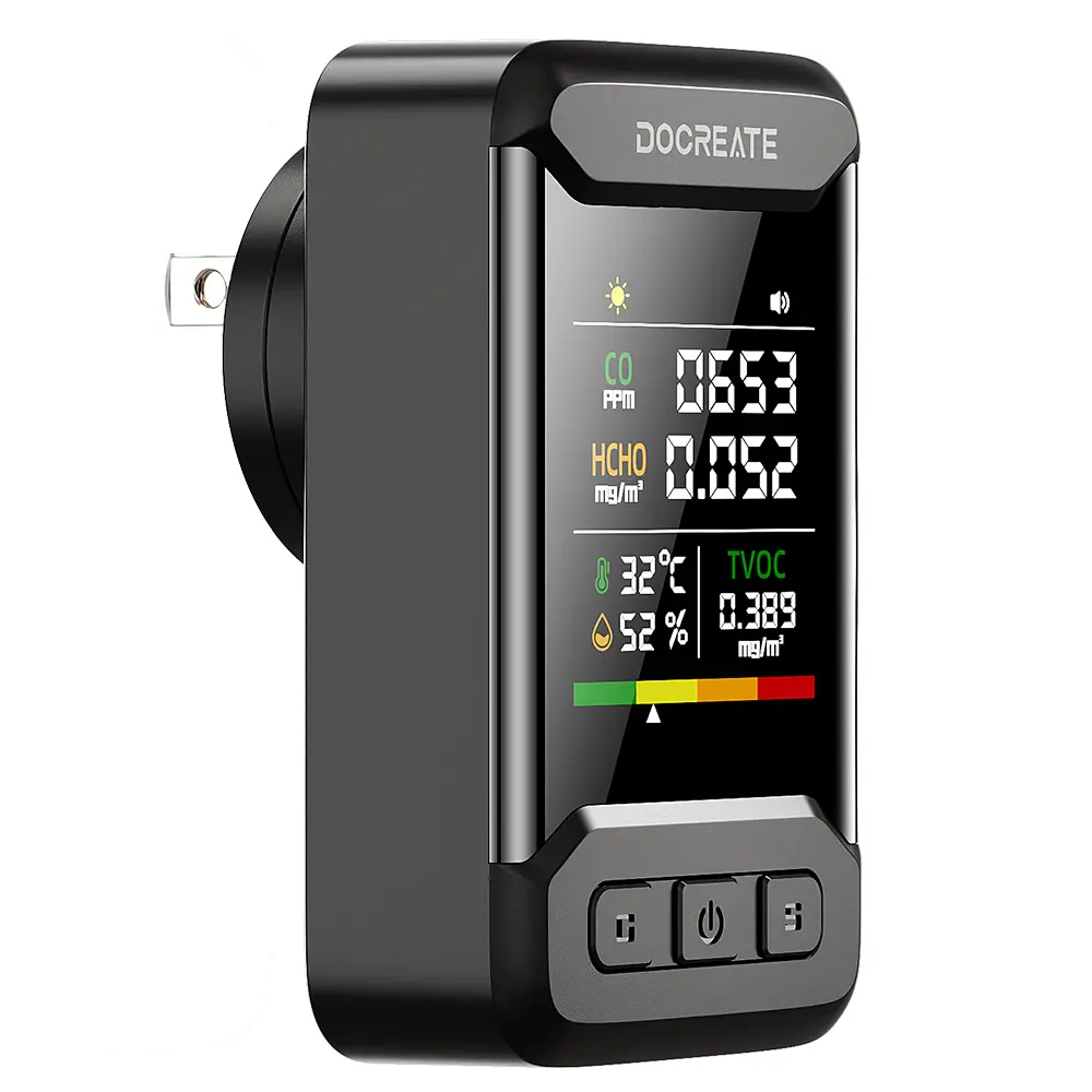 4-in-1 Air Quality Monitor with CO, HCHO & TVOC Detection, Plug-in Carbon Monoxide Detector with Temperature Humidity Display and Audible Alarm