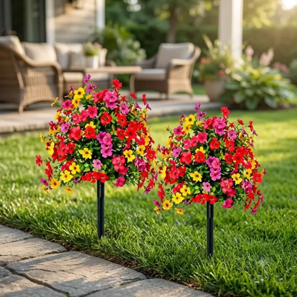 UV-Resistant Artificial Outdoor Topiary Ball Flowers with Ground Stake, Real-Looking Mixed-Color Faux Plants for Patio Garden Decor, No-Maintenance Office & Home Gift Landscape Arrangement