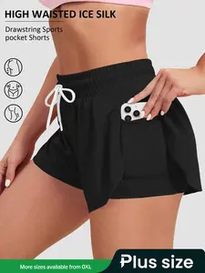 【Plus Size】 2 in 1 Pocket Design Shorts, Casual Comfy Breathable Shorts for Yoga Gym Workout Running, Women's Bottoms for Summer