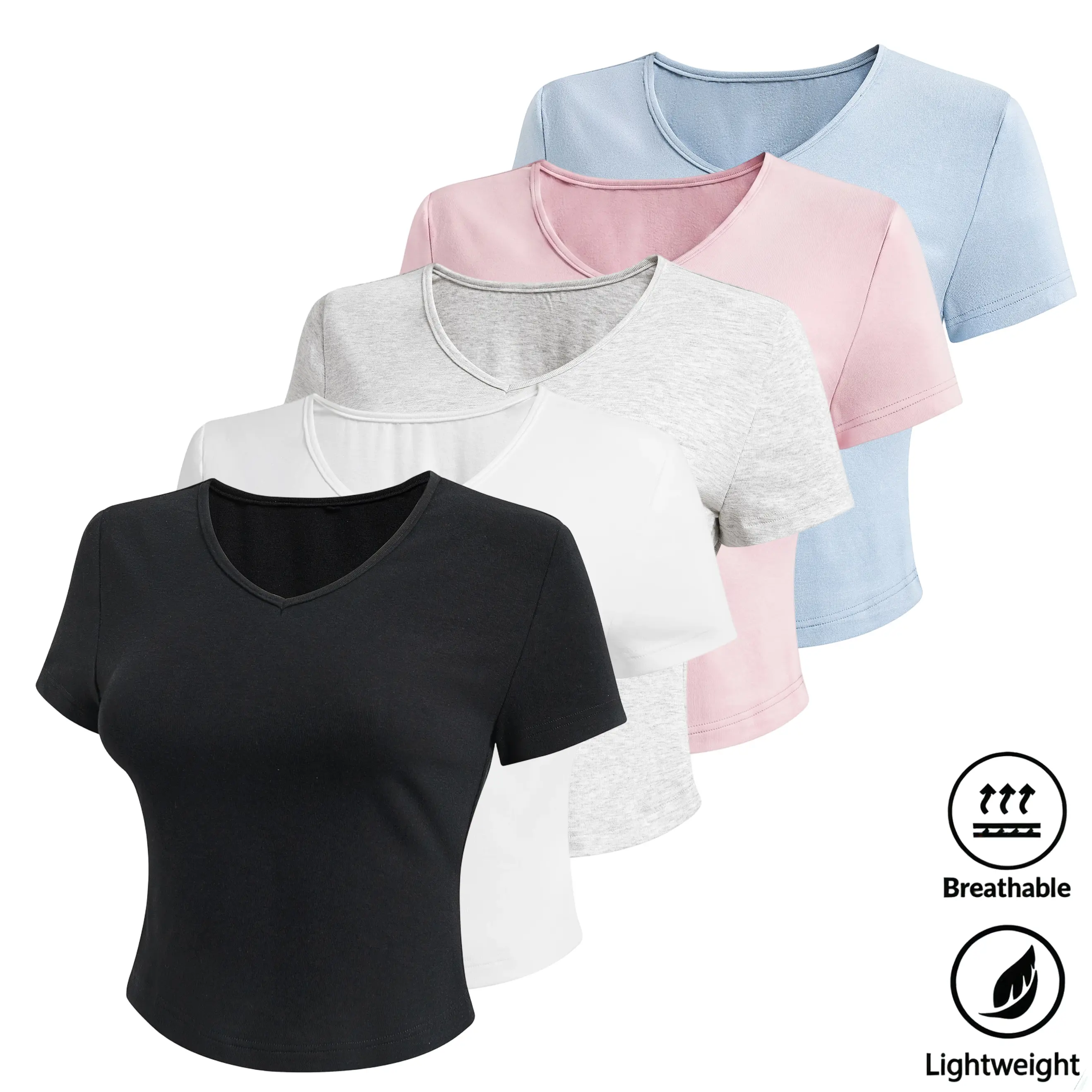 Women’s 5-pack cotton V-neck cropped tops — slim-fit, versatile basic T-shirts for everyday casual wear with a slimming, body-hugging fit and short sleeves.