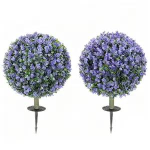 HOMCOM Outdoor Faux Plants, Artificial Boxwood Topiary Ball Bush 15.7" with Integrated Ground Stake, Indoor Outdoor UV Resistant Faux Greenery, Fake Plants for Garden, Porch, Balcony, Set of 2, Purple