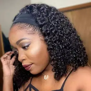 Half Wig Kinky Curly 12 Inch Human Hair Headband Wig Curly hair Glueless Human Hair Wigs Machine Made No Lace deep Curly Headband Wigs Natural color