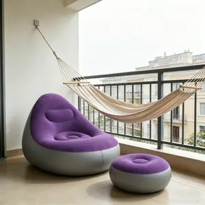 1pc purple Foldable Inflatable Recliner with Footrest, Comfortable Flocked Nylon Texture, Portable Lightweight Lounge Sofa for Home Bedroom Balcony Camping Outdoor Use