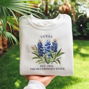 Embroidered Texas Bluebonnet Sweatshirt, US State Flower Crewneck, Floral Texas Pride Pullover, Southern Wildflower Sweater, Unisex Cozy Gift