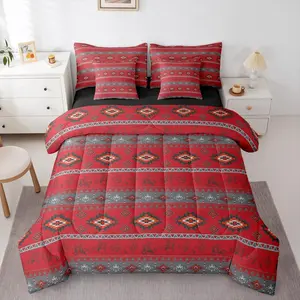 Western Cowboy Comforter Set with Sheets for Kids Boys Girls Southwestern Aztec Pattern 7 Pieces Bedding Set Horse Riding Design Bed in a Bag Ranch Farmhouse Room Decor Red Gray