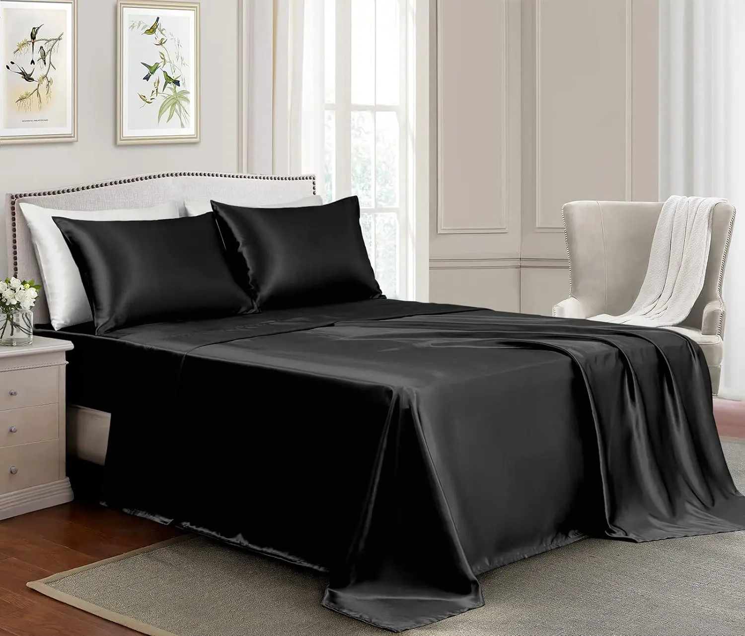 Mushk Satin Sheets All Size - 4 Pieces Luxury Silky Soft Bed Sheets, Wrinkle-Free Satin Silk Sheet Set with 1 Deep Pocket Fitted Sheet, 1 Flat Sheet, 2 Pillow Cases
