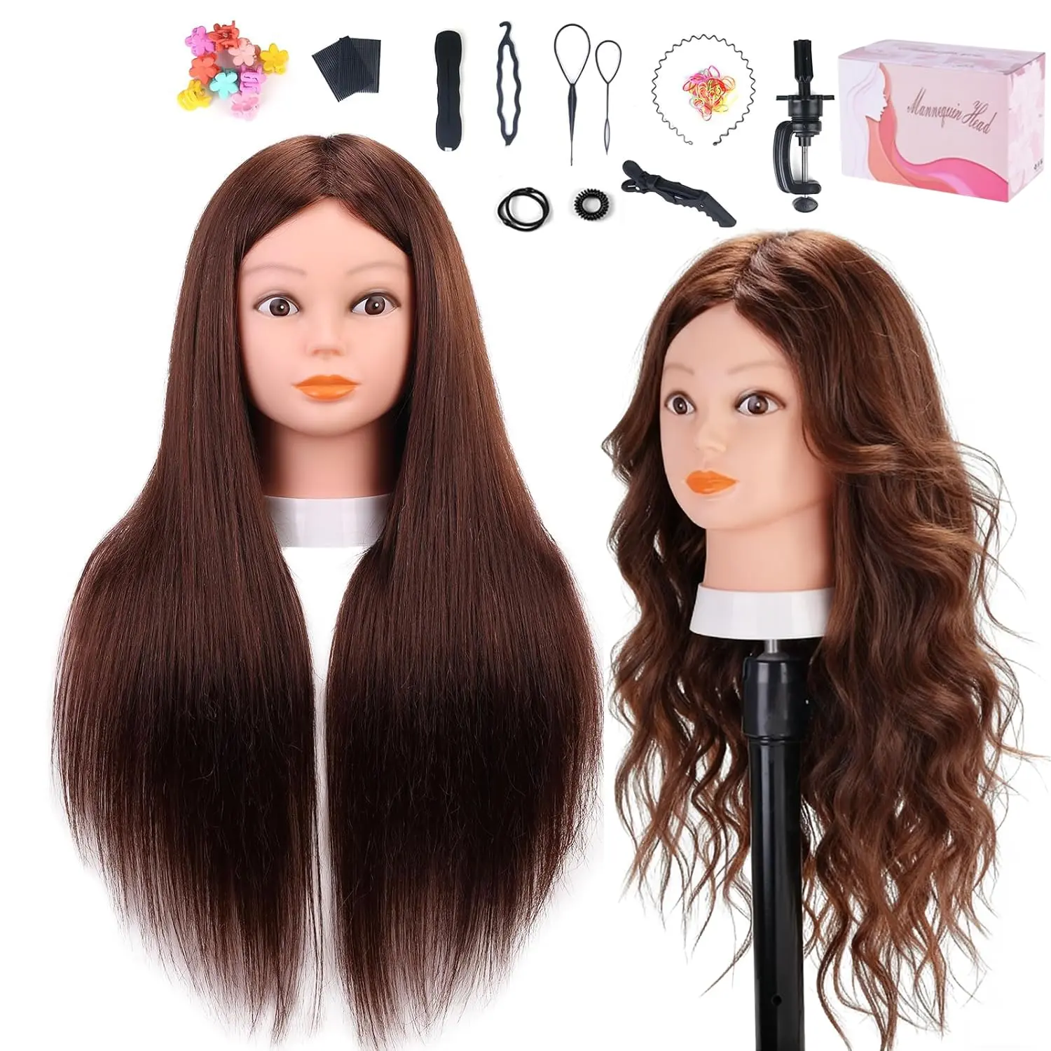 Mannequin  with 80% Real Human Hair,  26'' Hairdresser Practice Styling    Manikin Doll  with Clamp Holder, DIY Braiding Set