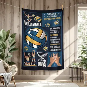 Volleyball Theme Blanket - Lightweight Four Seasons Soft Fleece Blanket with Inspirational Sports Quotes, Deep Blue and Yellow Decorations, Suitable for Living Room, Bedroom, Gym - Perfect Gift for Volleyball Enthusiasts and Fans, Comfortable Home Accesso