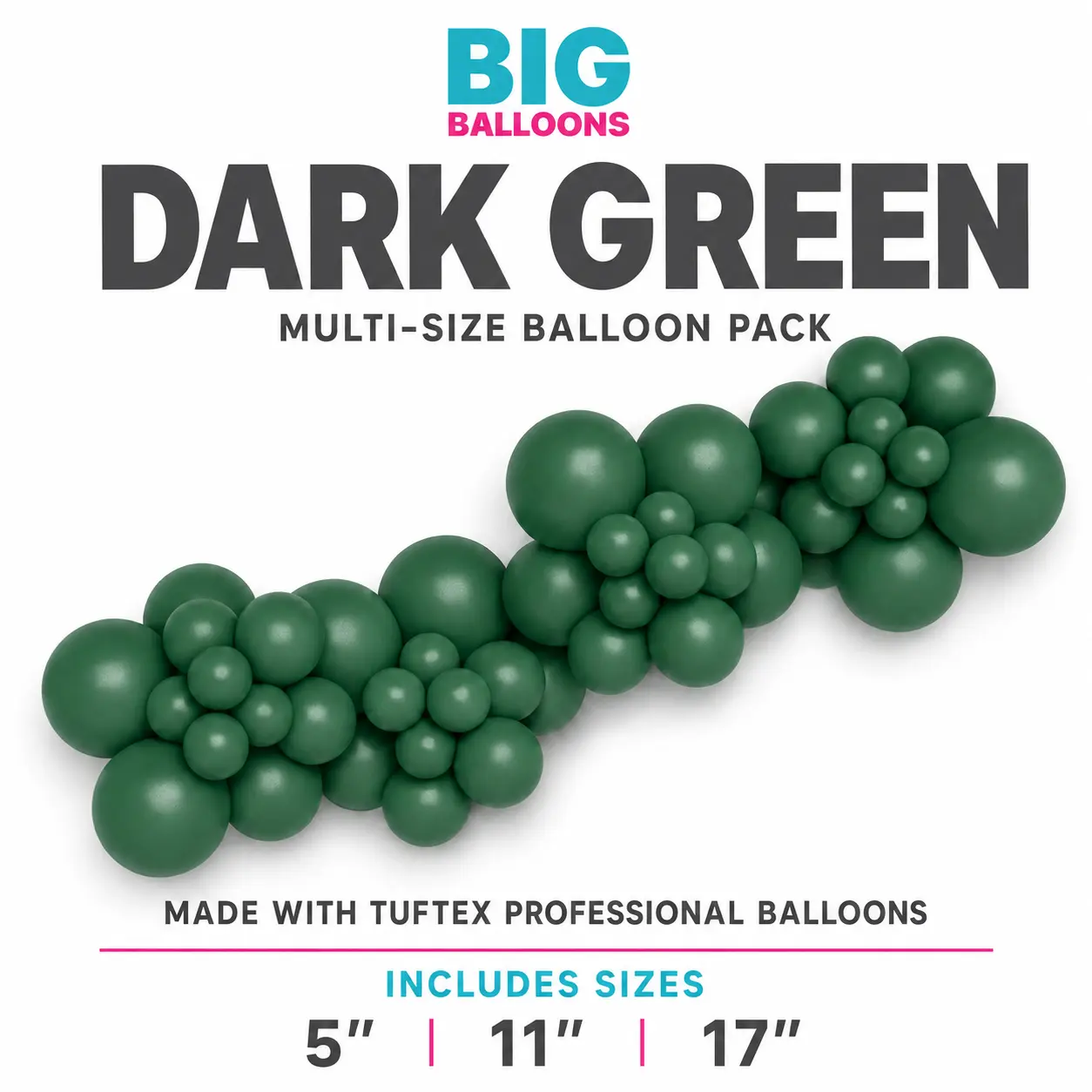 Dark Green Balloon Multi-Size Pack Professional Latex Balloons for Balloon Arch Garland Event Decor | 54 Total Balloons | 5”, 11” & 17” Sizes | DIY Balloon Garland Kit