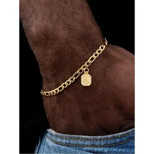 Men's Letter Pendant Bracelet, New Trendy Gold Color Stainless Steel Chain Bracelet for Men, Trendy All-match & Exquisite Jewelry for Birthday Gift