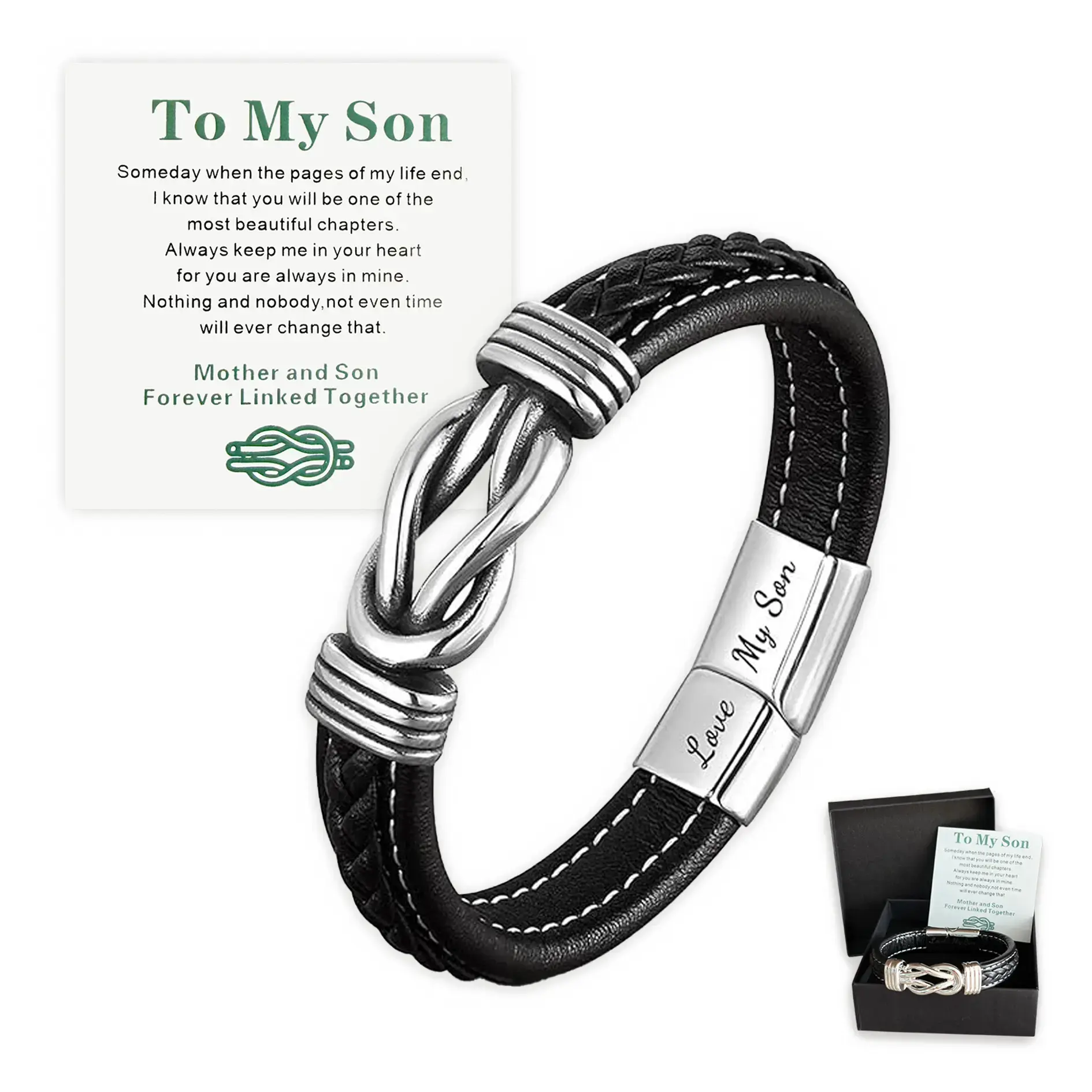To My Son Infinity Knot Bracelet, Forever Linked Together Leather & Stainless Steel Engraved Jewelry from Mom for Birthday Christmas