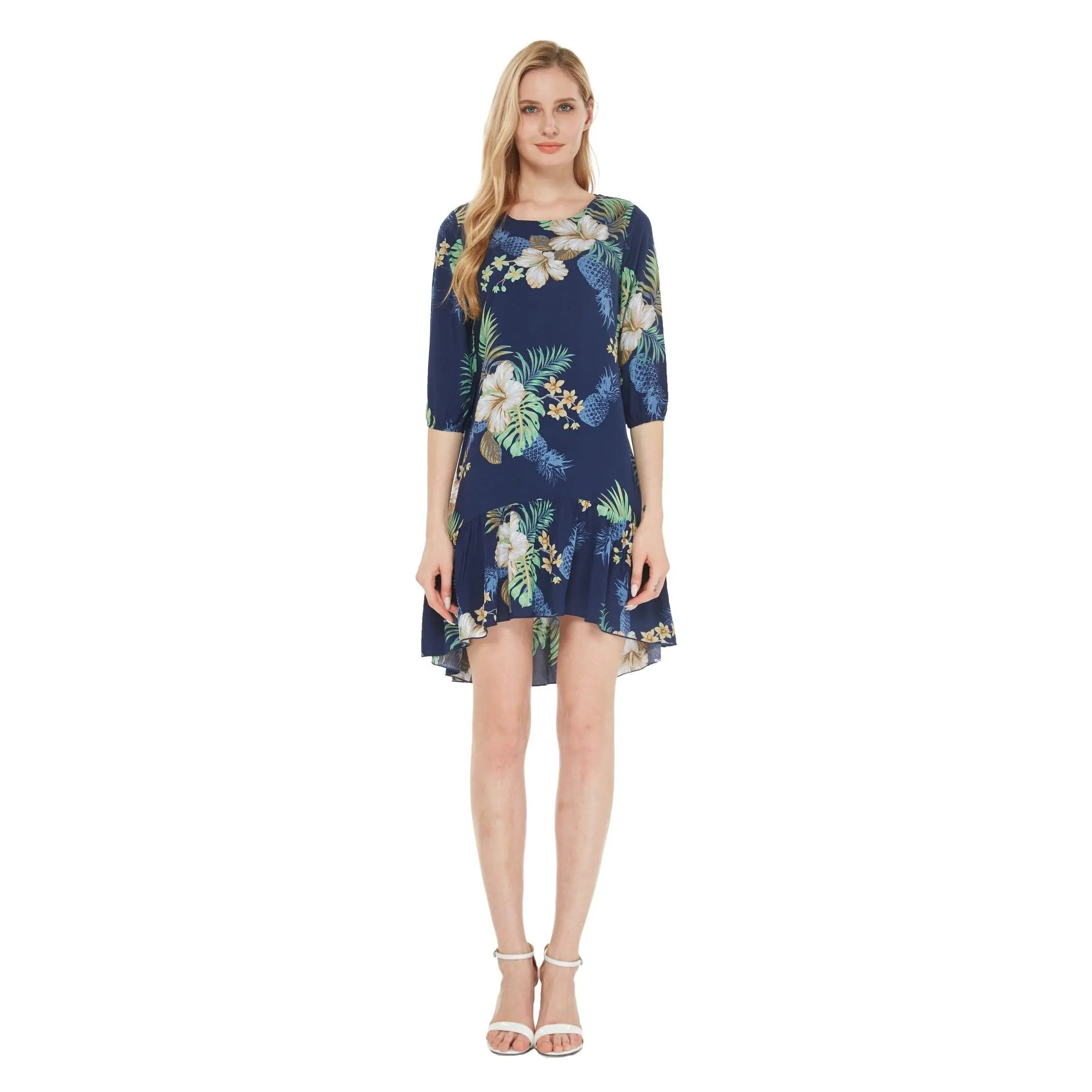 Women's 3/4 Sleeve Ruffle Dress in Pineapple Garden Navy