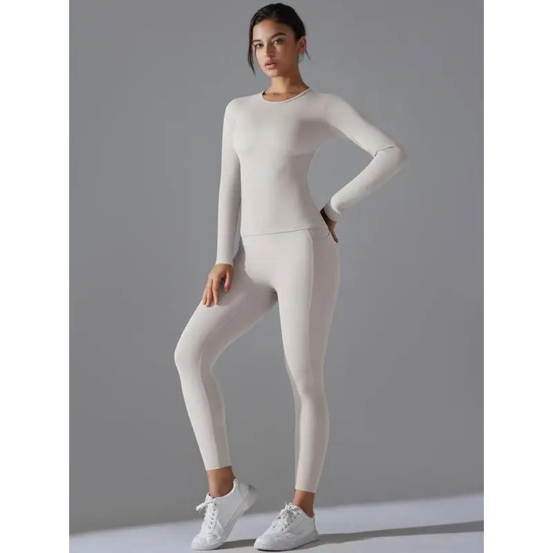 Women's Solid Long Sleeve Tee & Leggings Sports Set, Casual Comfy Breathable Two-piece Outfits for Yoga Gym Workout Running, Ladies Sportswear for All Seasons Women's Solid Long Sleeve Tee & Leggings Sports Set, Casual Comfy Breathable Two-piece Outfits for Yoga Gym Workout Running, Ladies Sportswear for All Seasons