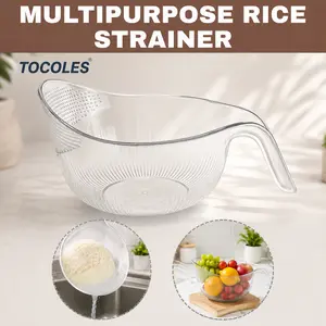 Aesthetic Multifunctional Rice Strainer with Handle - Sturdy BPA-Free Transparent Plastic Kitchen Utensils, Colander for Draining Vegetables, Fruits, Cheese, Coffee Dispenser Set