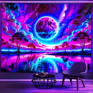 1pc Neon Gradient Art Planet Glow In The UV Light Glow In The Dark Banner Tapestry, Large Size Peach Skin Fluorescent Printing Tapestry, Bedroom Hanging Tapestry For Party Festival, Bedroom, Home Bedroom Decor, Fabric Wall Decoration With Free Accessories