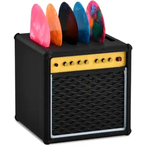 Guitar Pick Holder Box, Mini Amp Speaker Style Pick Case with Slot Storage for Up to 5 Picks, Includes 5 Picks (0.96mm), Matte Black