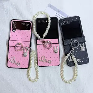 Rhinestone Bunny Decor Pearl Chain Ring Holder Phone Case for Samsung Galaxy Z Flip4/5/6/7 Foldable Stylish 2-Color Cover