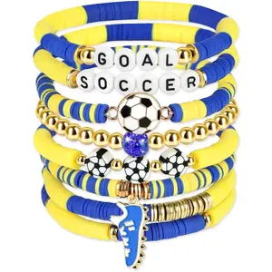 Soccer Beaded Bracelets, Game Day Clay Friendship Bracelets Soccer Sport Fan Stretch Bracelet for Sports Game Team Coach Mom Women Men Jewelry Accessories Gift for World Cup