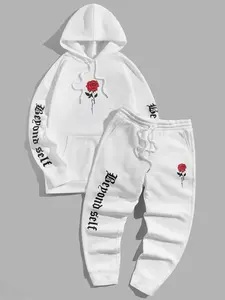 Men's Floral Letter Print Drop Shoulder Hoodie & Drawstring Waist Sweatpants Set, Regular Fit Fashion Casual Hooded Sweatshirt & Pocket Jogger Pants for Daily Wear, Men Outfits for Fall & Winter