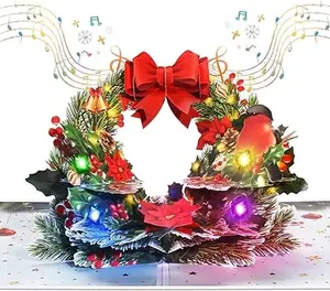 Pop Up Christmas Cards with Lights and Music, 3D Christmas Wreath Design, Handmade Musical Popup Greeting Card for Christmas Holiday Includes Envelop, Playing 'We Wish You a Merry Christmas'
