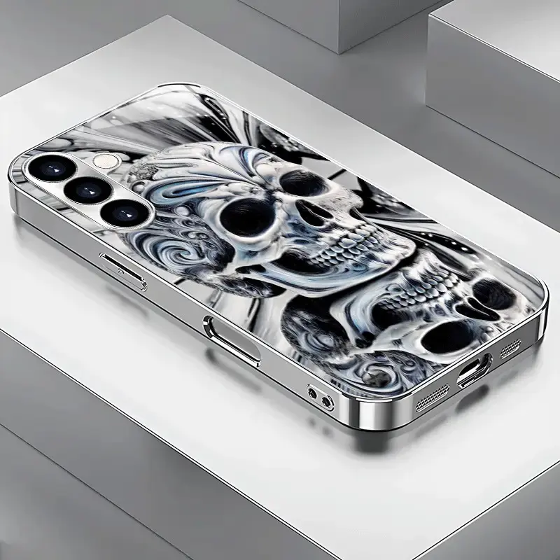 Silver-Plated Skull Pattern Luxury Cellphone Case for Samsung Galaxy Multi-Model Phones - Cool Metal Design, High-End Protective Cover for S20-S25 Plus, A34-A36, A54-A56, Essential Protection Accessories Smartphone Screen Protector