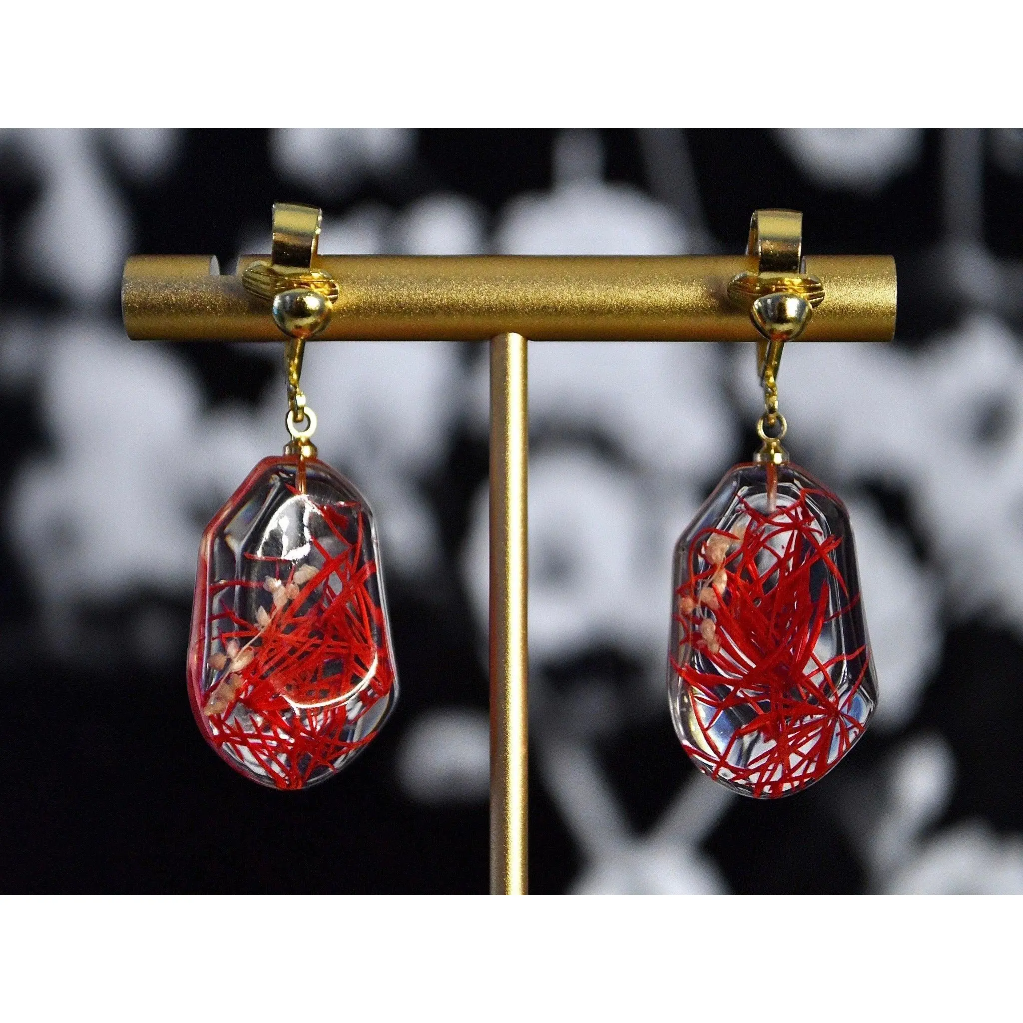 Red Clear Resin Flower Clip On Earrings
