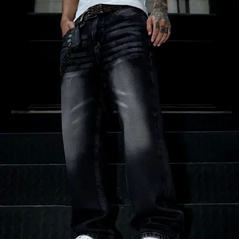 Men's Washed Loose Straight Leg Denim Jeans, Plain, Y2K Casual Streetwear, All Seasons, Moderate Fit, Perfect Gift for Husband or Boyfriend