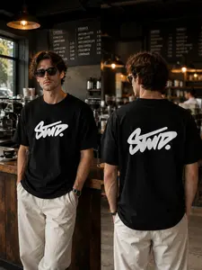 Quiet and luxurious round neck T-shirt, minimalist design, Aesthetic, street retro style, designed for modern men, men's "STWD" graffiti printed round neck T-shirt, street wear, urban daily breathable short sleeved top for men