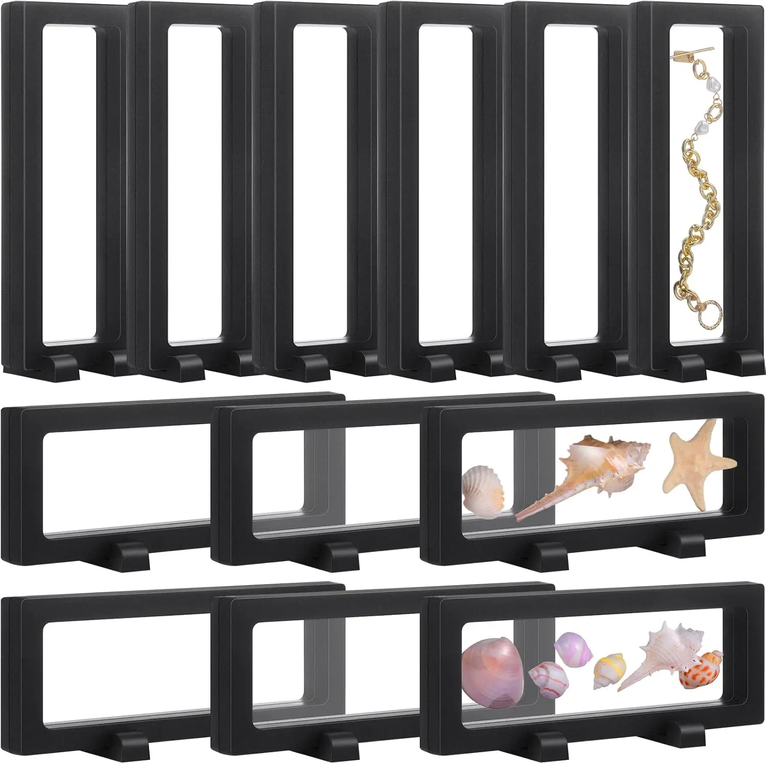 12Pcs Transparent Plastic Floating Display Boxes with Black Square Base (9.1x3.5x0.8in) - Multiple Clip-Hold Floating Frame for AA Medals, Challenge Coins, Cards, Jewelry - Home Improvement Wall Decor