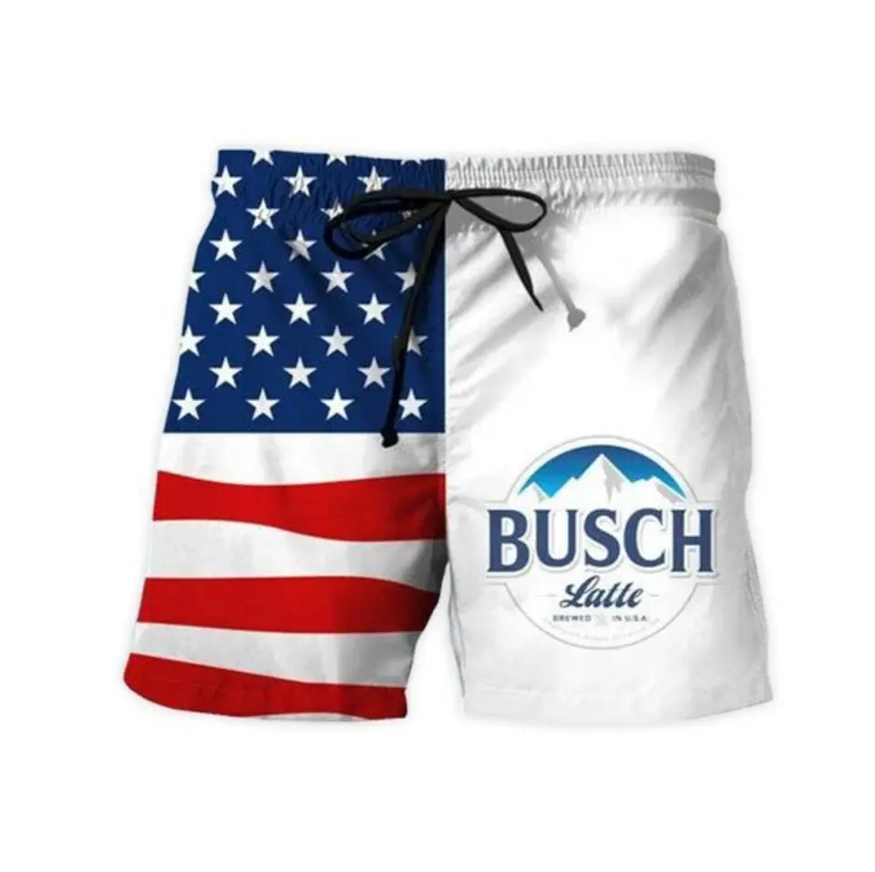 Vintage USA Flag Fourth Of July Busch Latte Swim Trunks – Patriotic Beer Lover Summer Beach Shorts, American Flag Pool Party Swimwear for Men, Vacation Outfit