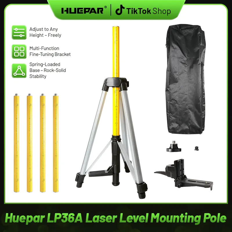 Huepar Industrial Plumbing Telescopic Pole Tool with 1 Tail Rod, 12 Ft/3.7M Adjustable Pole, Tripod, 1/4-Inch x 20-Inch Mount, 5/8"-11 Threaded Adapter for Rotary & Line Devices, Polyurethane Coating LP36A Accessory