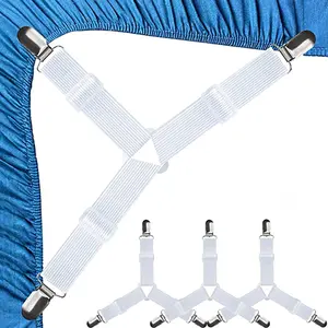 4 count Bed Fitted Sheet Straps Clips Adjustable Crisscross Sheets Clip Holder Fasteners Suspenders for Mattress Cushion  Elastic Sheet Strap Fitted Sheet Corner Holder (White)