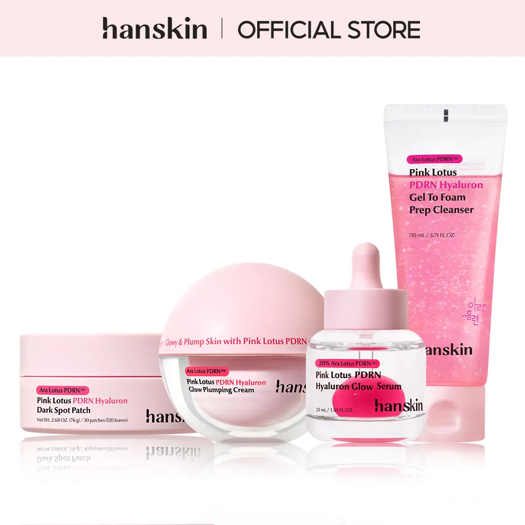 [Hanskin] Vegan PDRN 4-Step Complete Glow Set - Gel-to-Foam Cleanser, Hyaluron Glow Serum, Glow Cream & Spot Care Patch for Hydration, Dull Spot Care & Glass Skin Glow