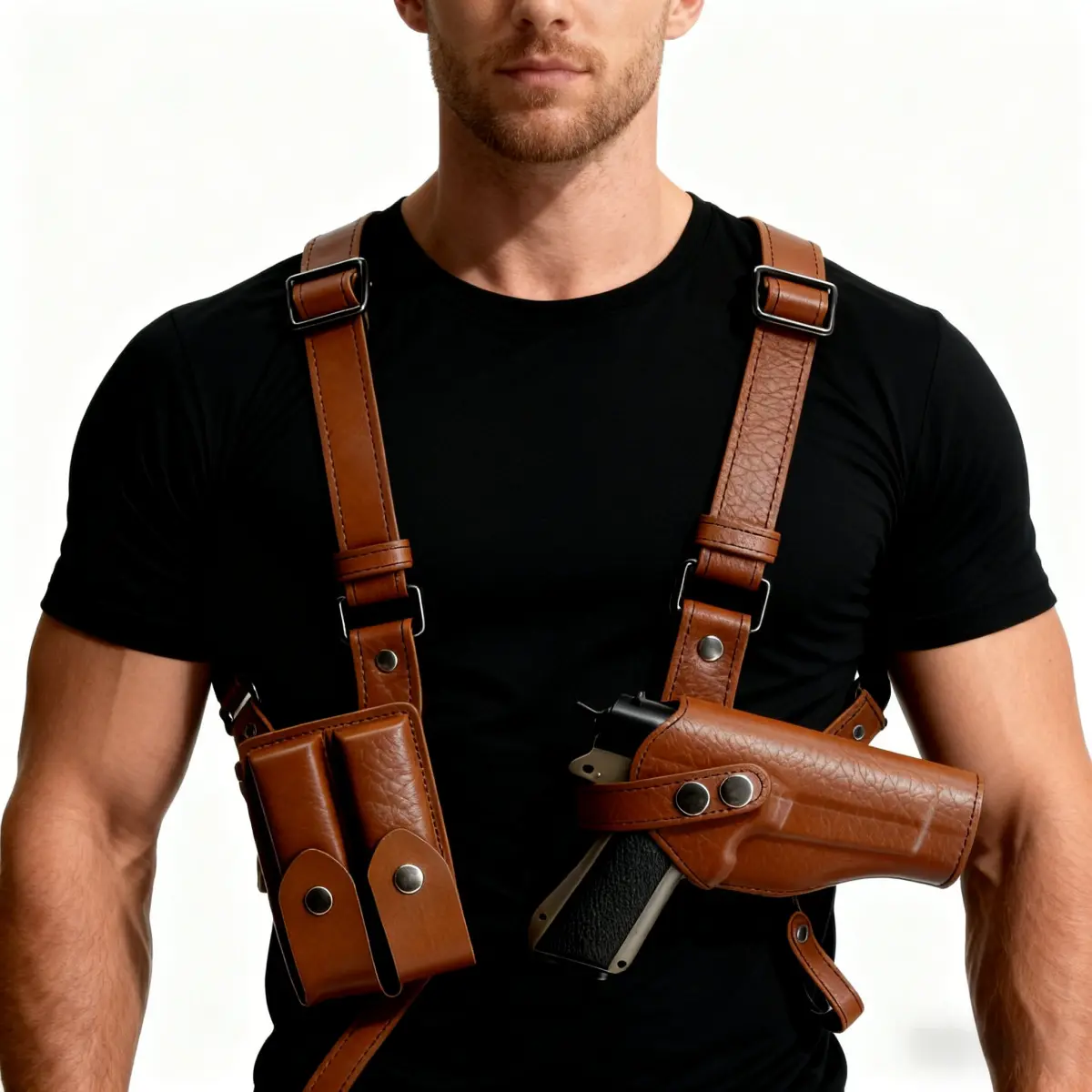 Universal Vertical Shoulder Holster for Concealed Carry with Dual Magazine Pockets Fits Most Handguns Made of Premium Genuine Leather Tactical Equipment