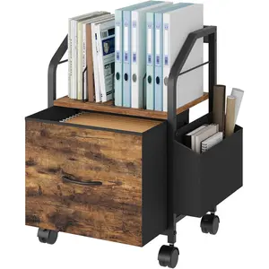 Small Rolling Under Desk File Cabinet with Divider, Single Non-Woven Fabric Drawer File Organizer for A4/Letter Size Documents, Under Desk Storage, Rustic Brown FCHR3001