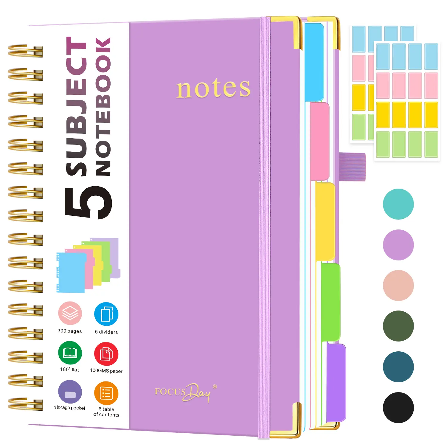 A5 Spiral Notebook Journal, 5 Subject Notebook College Ruled With Removable Dividers Tabs, 300 Pages 100GSM Paper, Inner Pocket, Hardcover Notebook, Perfect for Study & Office Organization, 6.1" X 8.4"