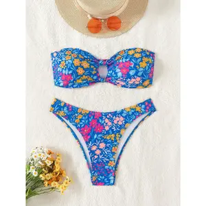 Swim Women Summer Beach Random Flower Print Hollow Out Bandeau Bikini Set